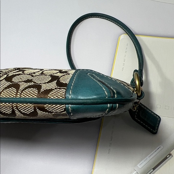 🌺 COACH SLIM BLUE POCKET LEATHER AND CANVAS SIGNATURE C WRISTLET BAG VINTAGE - Picture 4 of 10